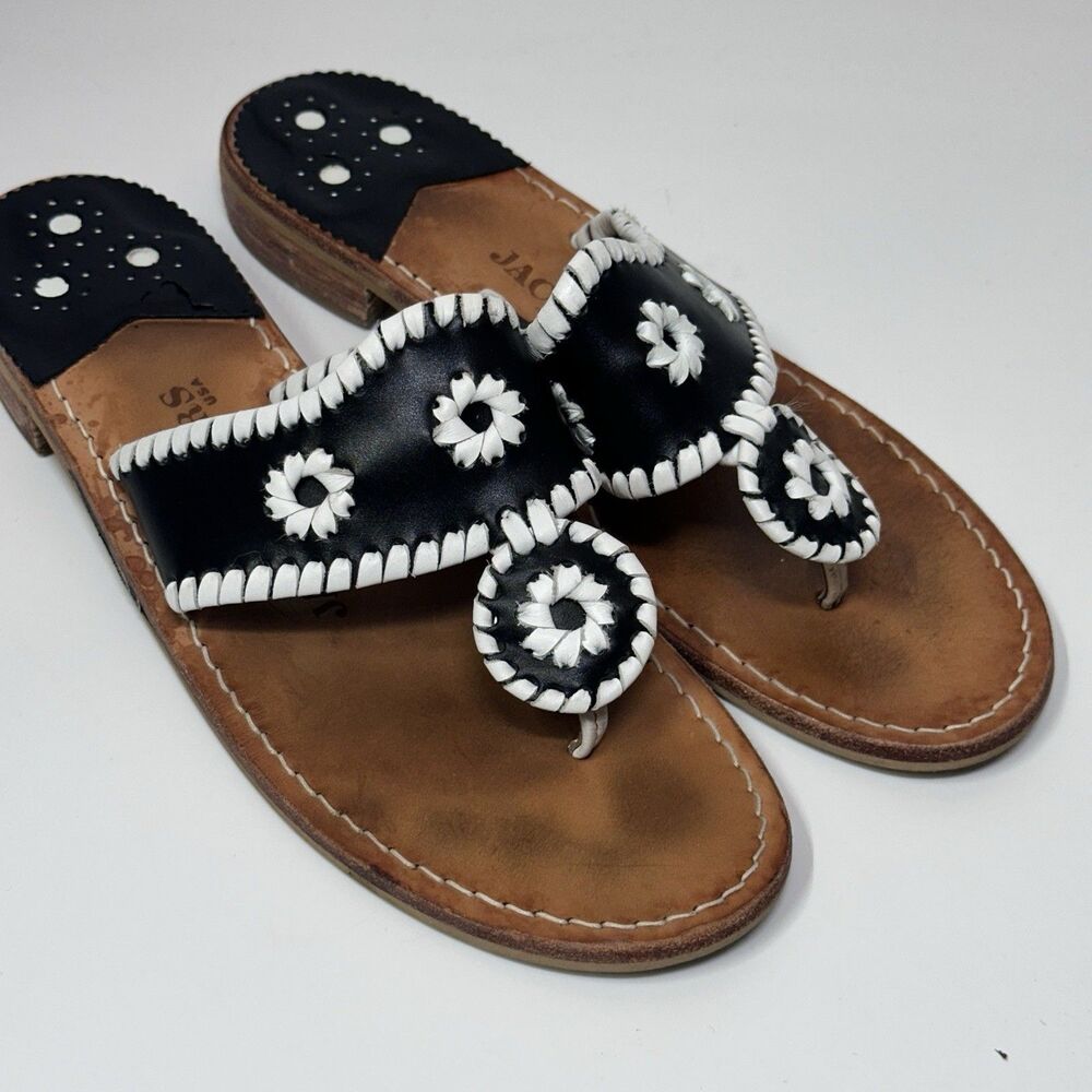 Jack Rogers W8 Black White Coastal Preppy Resort Leather Thong Sandals